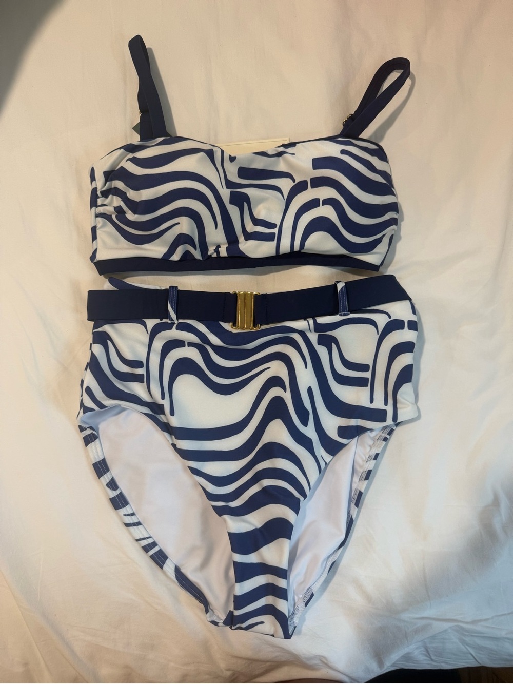 Hermoza Navy and White Wave-Print High-Waist One-Piece